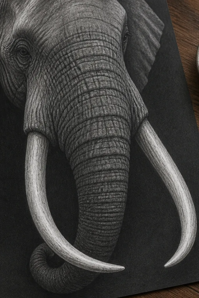 Elephant head with visible tusk, sharp edges, and chalky white highlight areas.