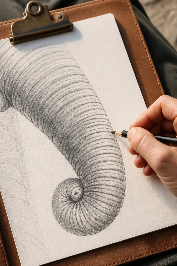 Elephant trunk wrapping forward with tight folds and narrow highlights.