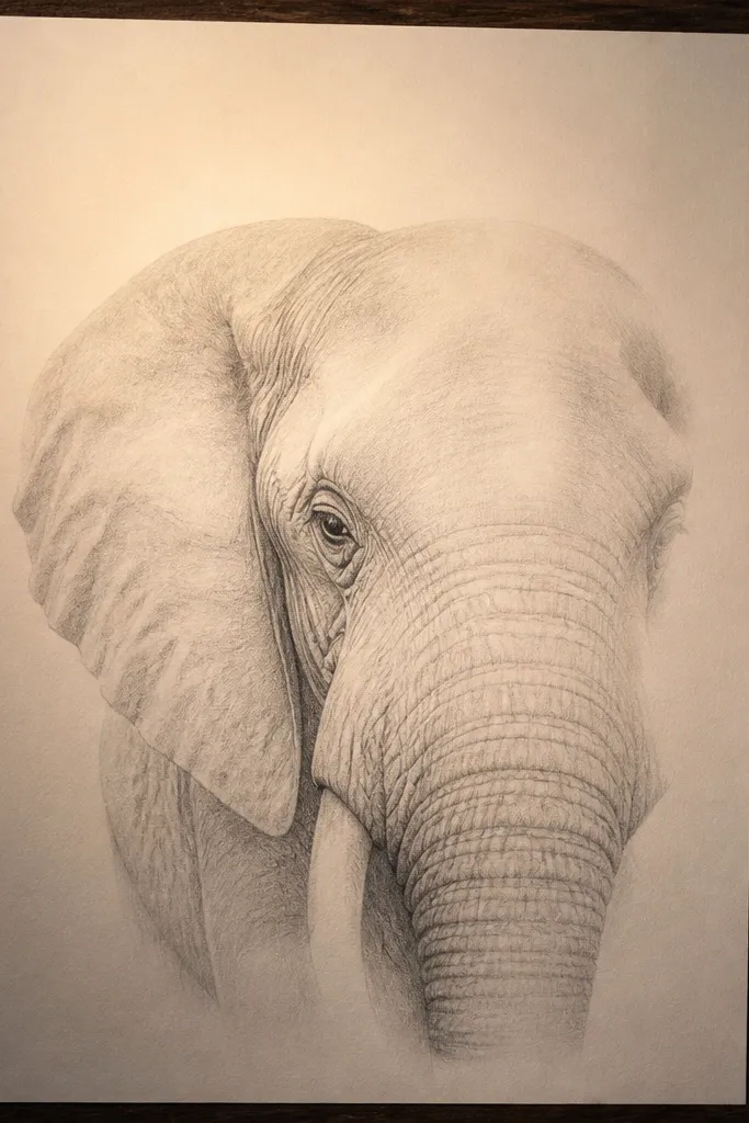 Elephant under soft light with smooth gradients and minimal harsh shadows.