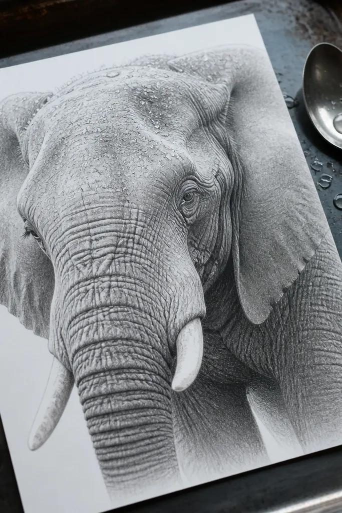Elephant skin with a few water droplets, bright highlights, and deep shadow pockets.