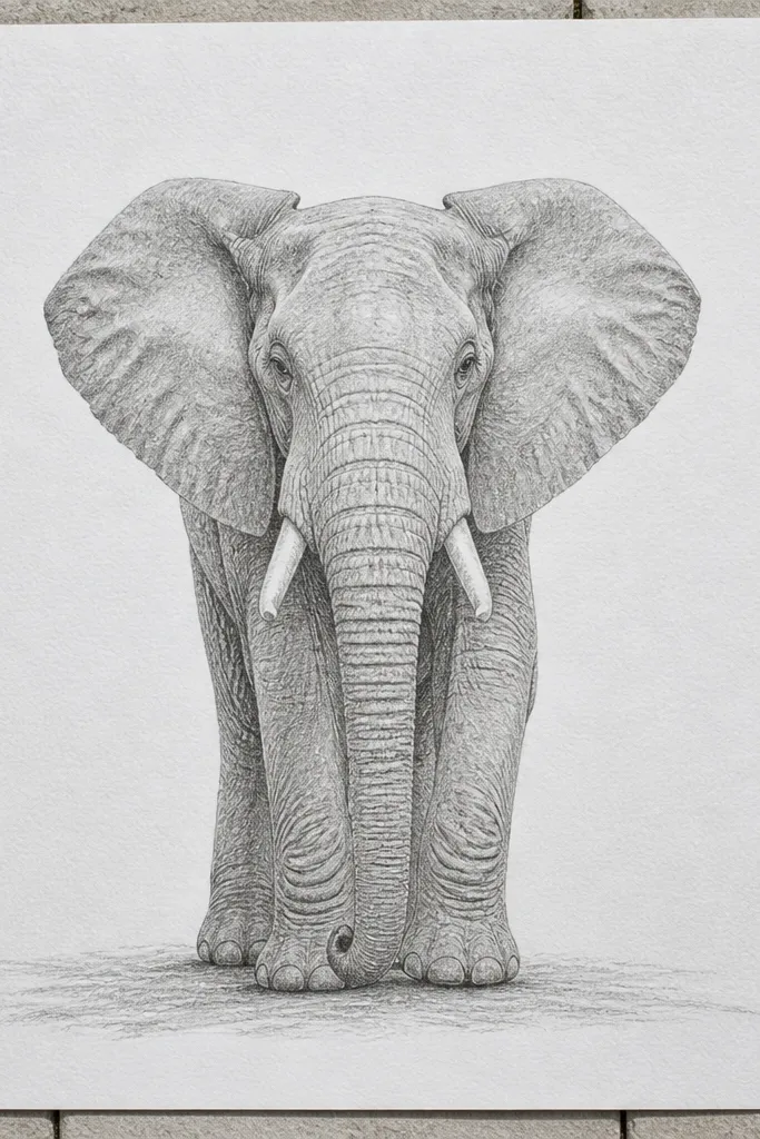 Elephant centered with minimal background and clear dark-to-light value separation.