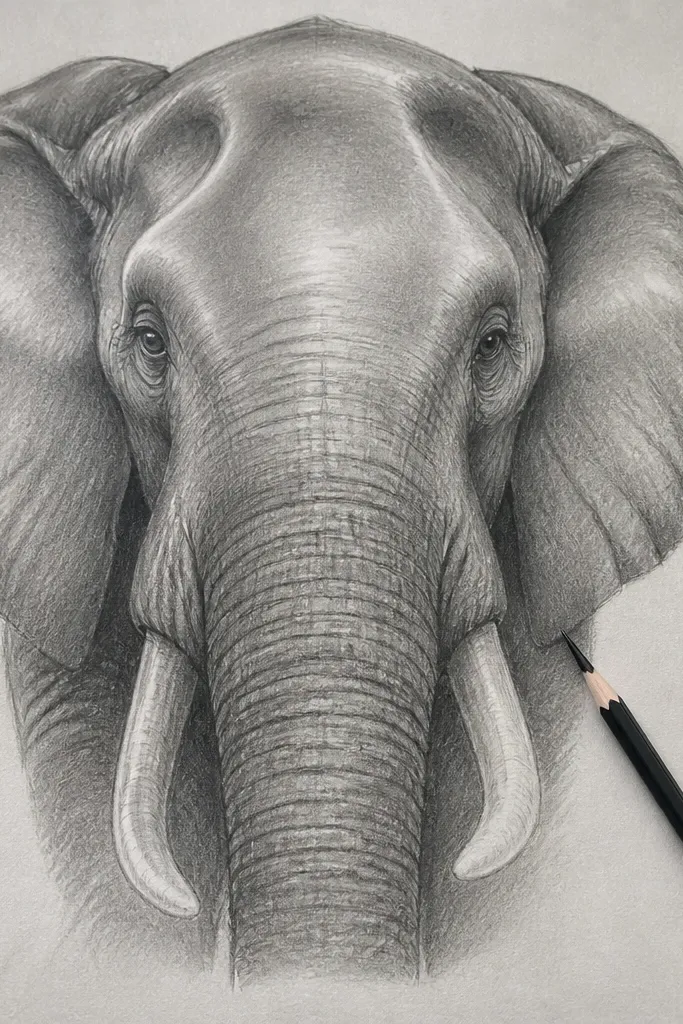 Elephant portrait with very smooth skin shading and soft burnished highlights.