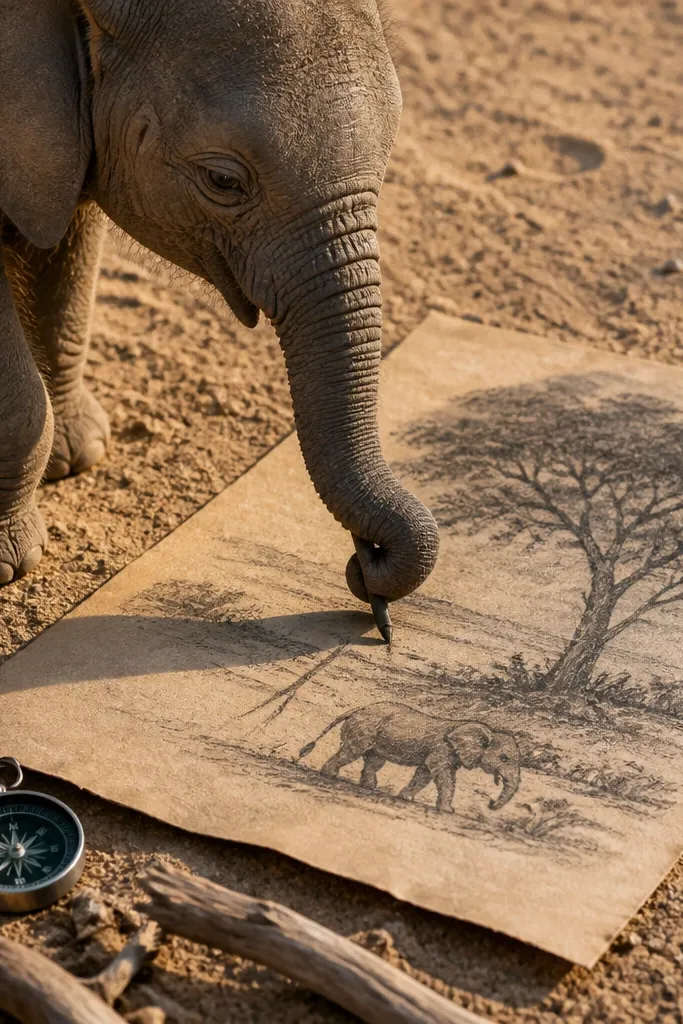 Realistic elephant in pencil with dusty halo on sandy textured paper