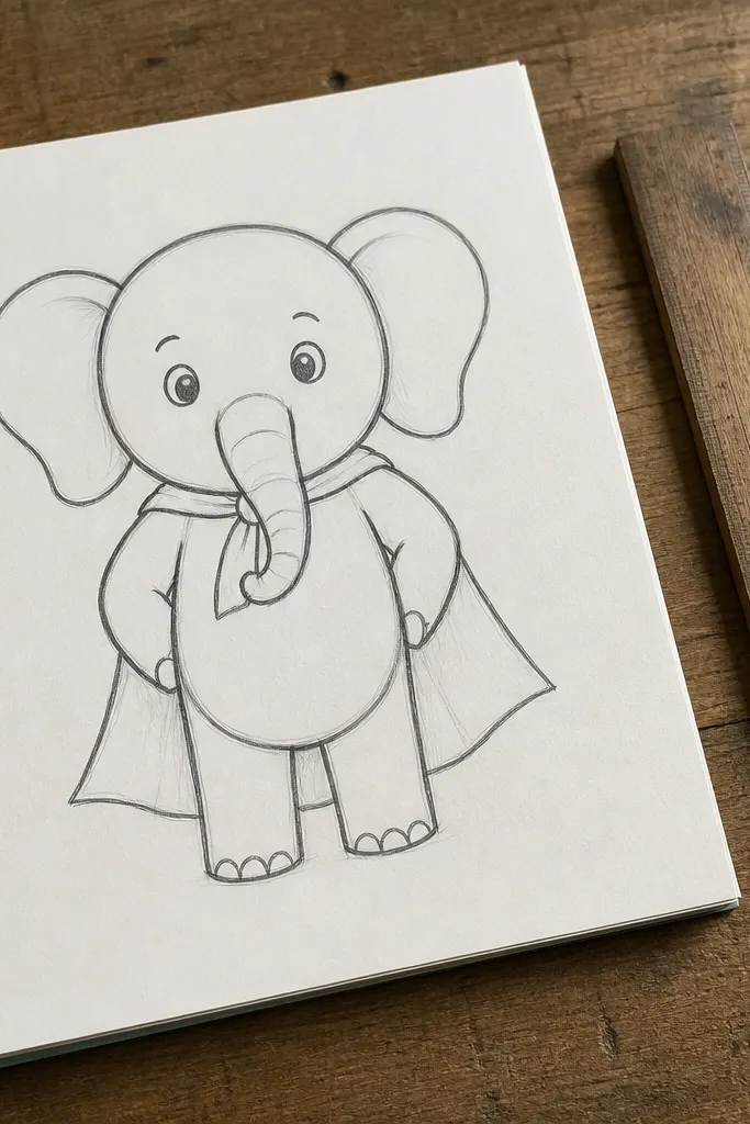 Pencil drawing of an elephant with a round head and a smooth rope-like trunk