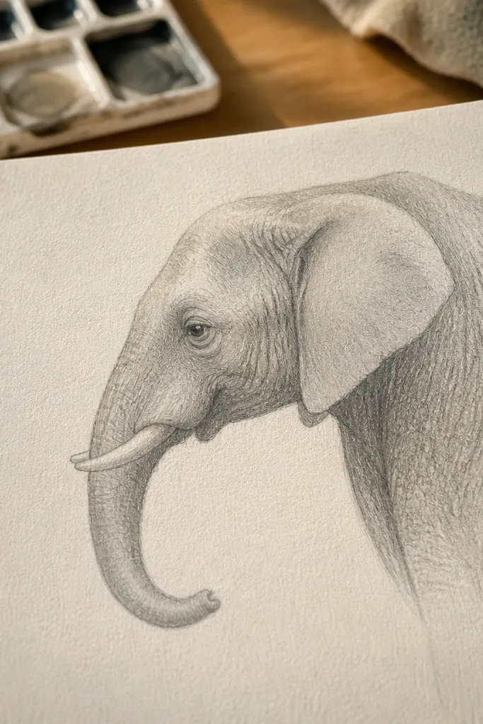 Side view elephant drawing with a clean face outline and small tusks