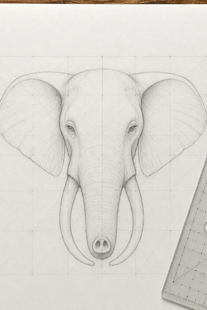 Front-facing elephant drawing with centered eye and trunk in the middle