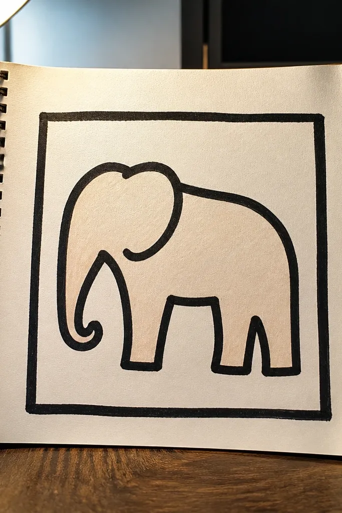 Elephant drawing inside a square with thick outline and simple trunk curve