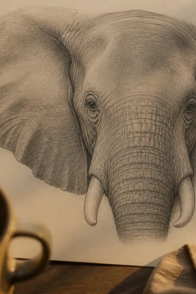 Elephant head-only drawing with a large ear fold and short tusks