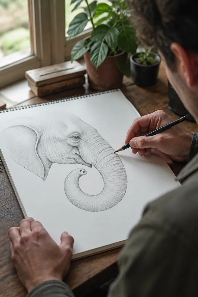 Elephant drawing focusing on a curled trunk with clear nostril lines