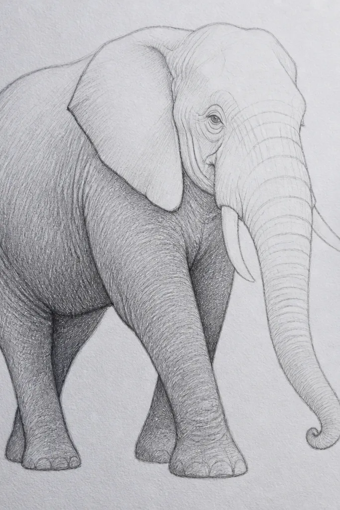 Elephant drawing with light pencil hatching on the body and legs