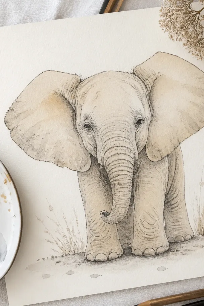 Elephant outline with a soft gray watercolor wash on body and legs
