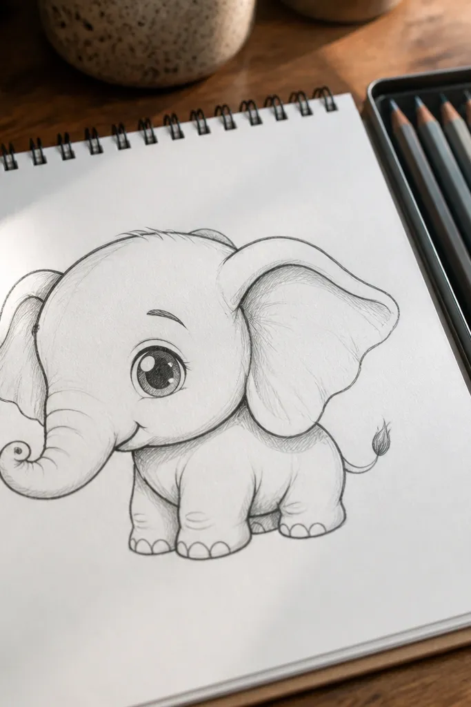 Chibi elephant with big round head, small body, and cute trunk