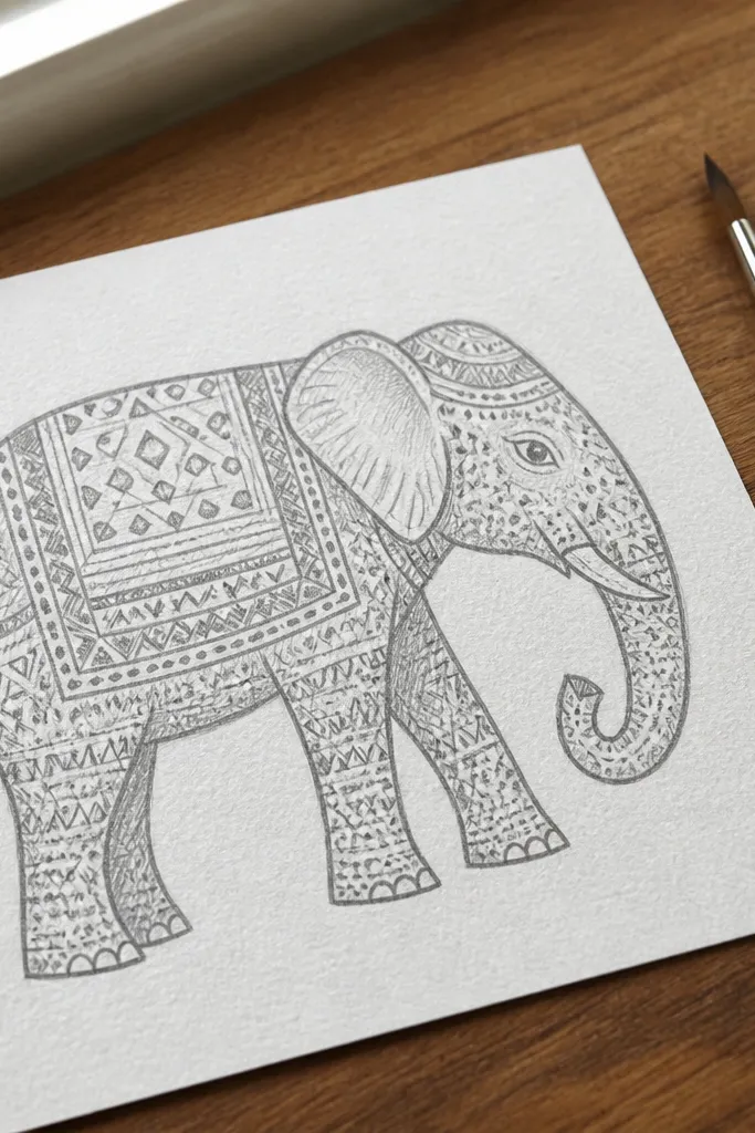 Elephant drawing with a patterned blanket draped over its back