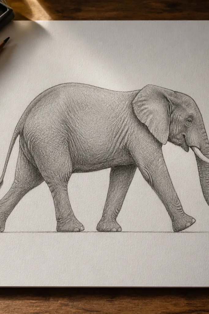 Walking elephant profile drawing with simplified legs and smooth body line