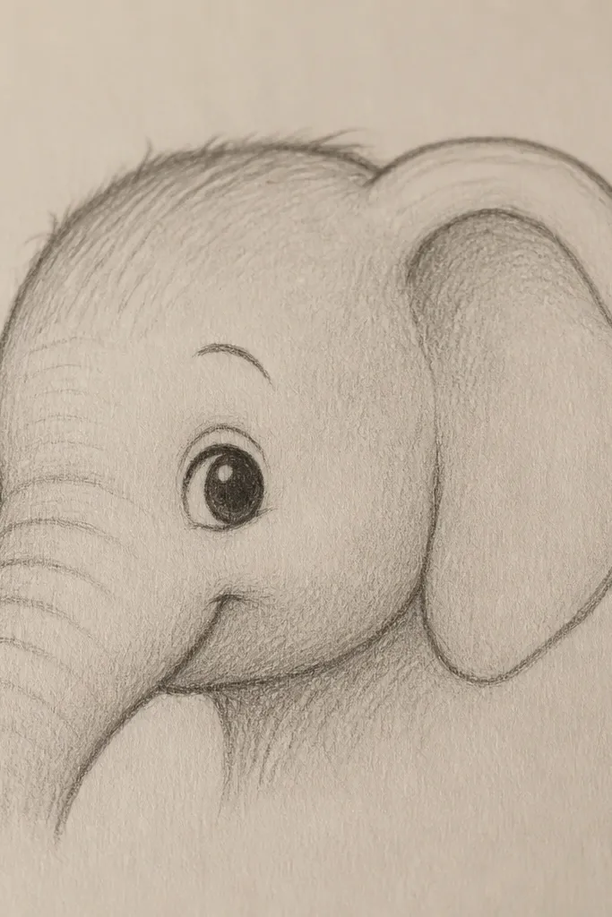 Elephant face drawing with a large eye and gentle eyelid line