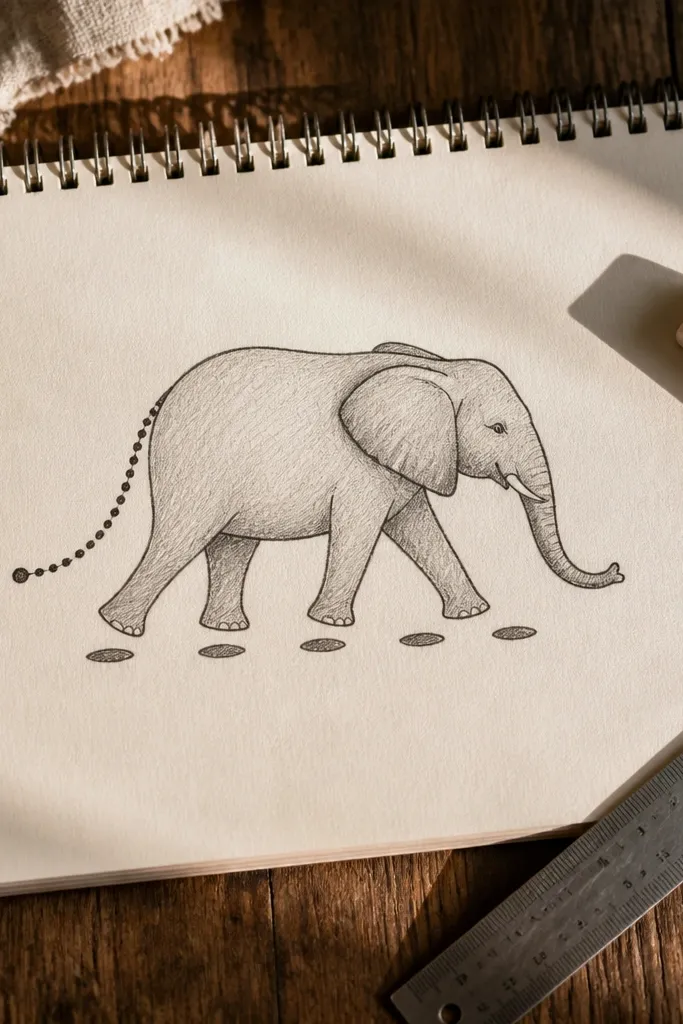 Elephant with patterned tail and small footprints behind it