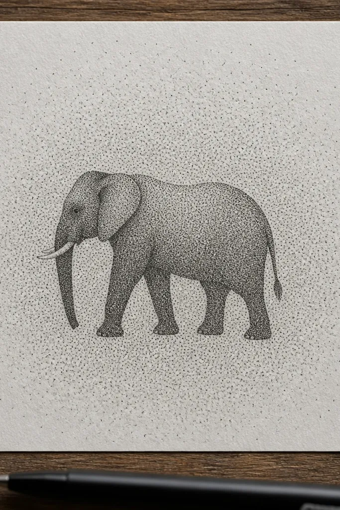 Elephant silhouette with a light dot pattern background fading outward
