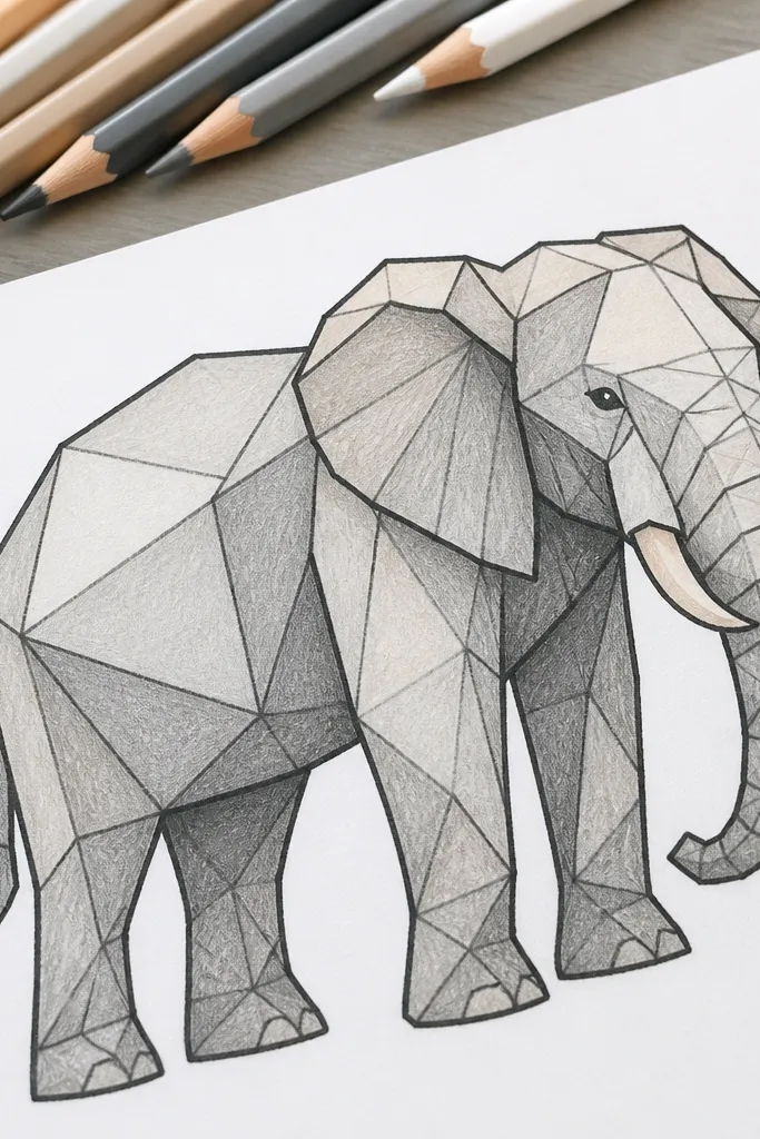 Elephant outline filled with simple geometric facets and clean lines