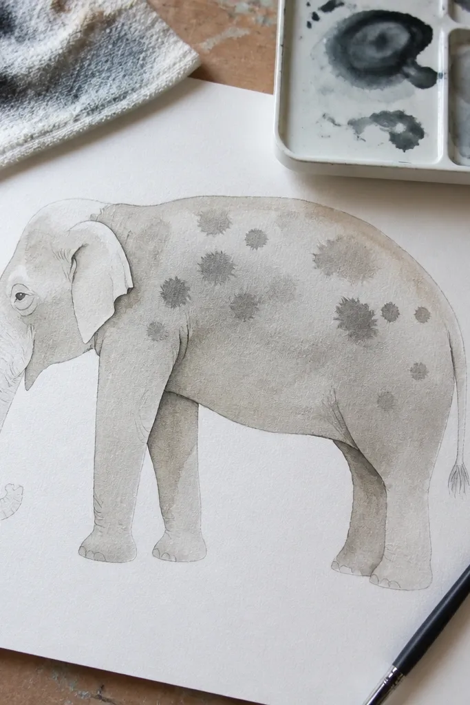 Elephant drawing with light watercolor wash and scattered spots on the body
