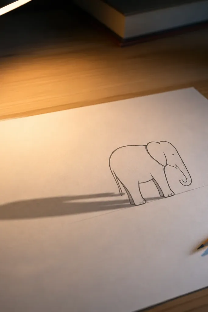 Elephant with a long shadow on the ground under the body