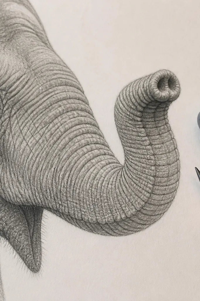 Elephant face with a visible trunk underside curve and clear folds