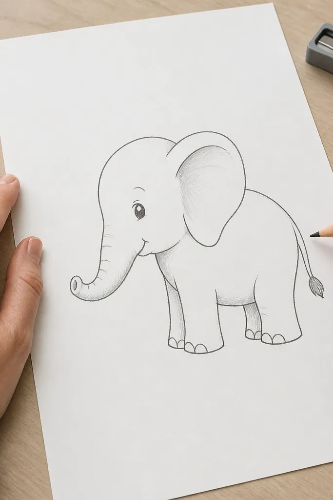 Elephant drawing with light shading on ear and trunk folds