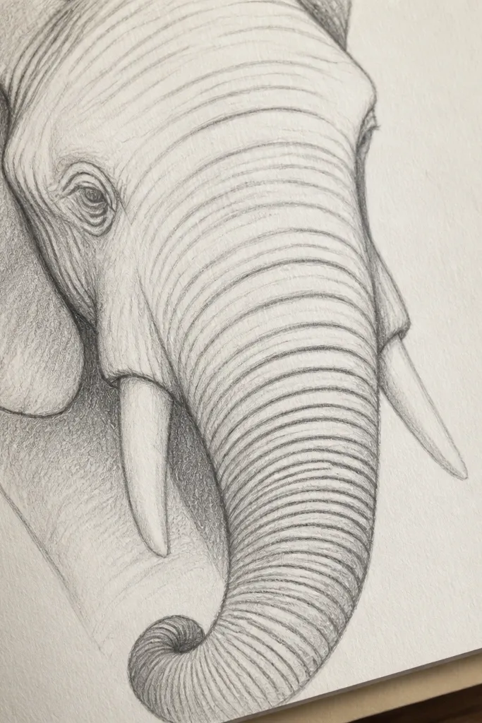 Elephant drawing with trunk wrinkles drawn as tidy repeating curves