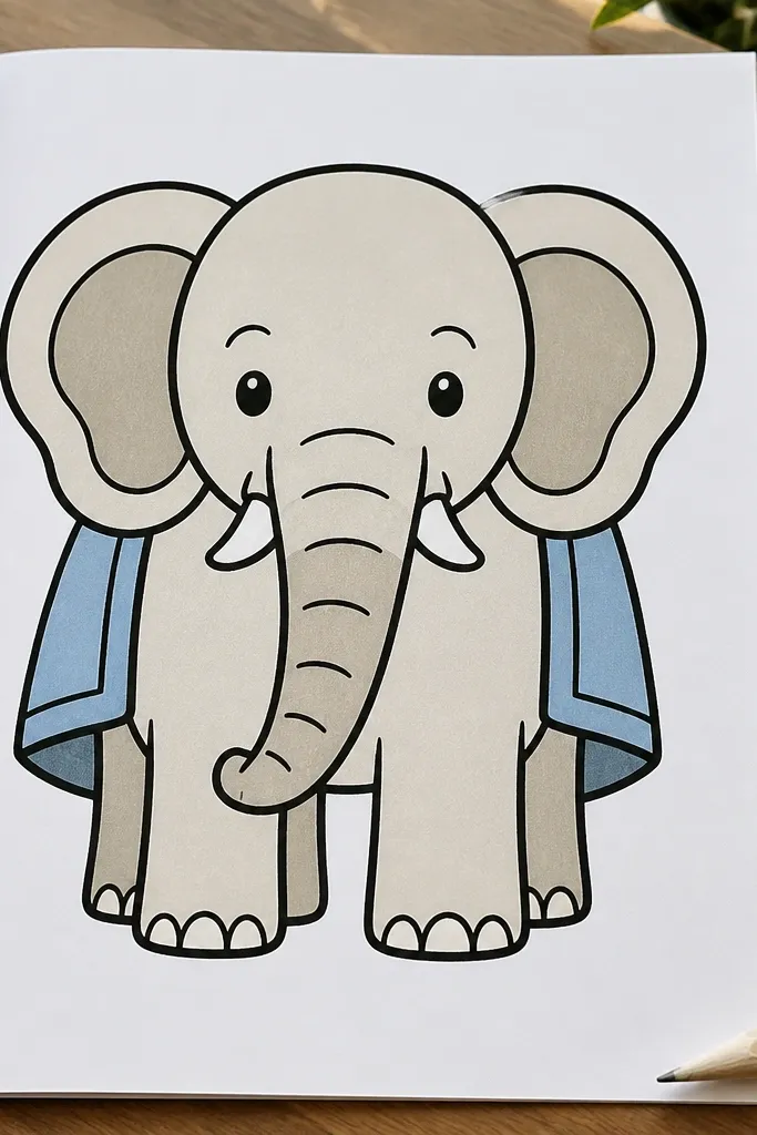 Elephant with thick black outline and simple color blocks for body and trunk