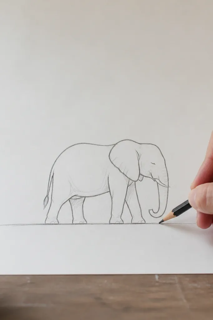 Simple elephant outline standing on a single ground line with no extra background