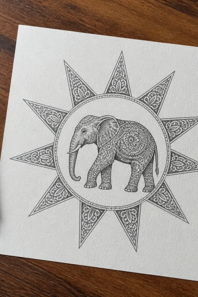 Elephant head inside a circle with 12-point sunburst rays