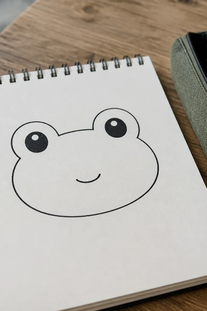Simple cartoon frog face with big eyes and a rounded mouth.
