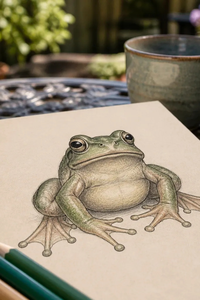 A sitting frog with bent legs and visible webbing between toes.