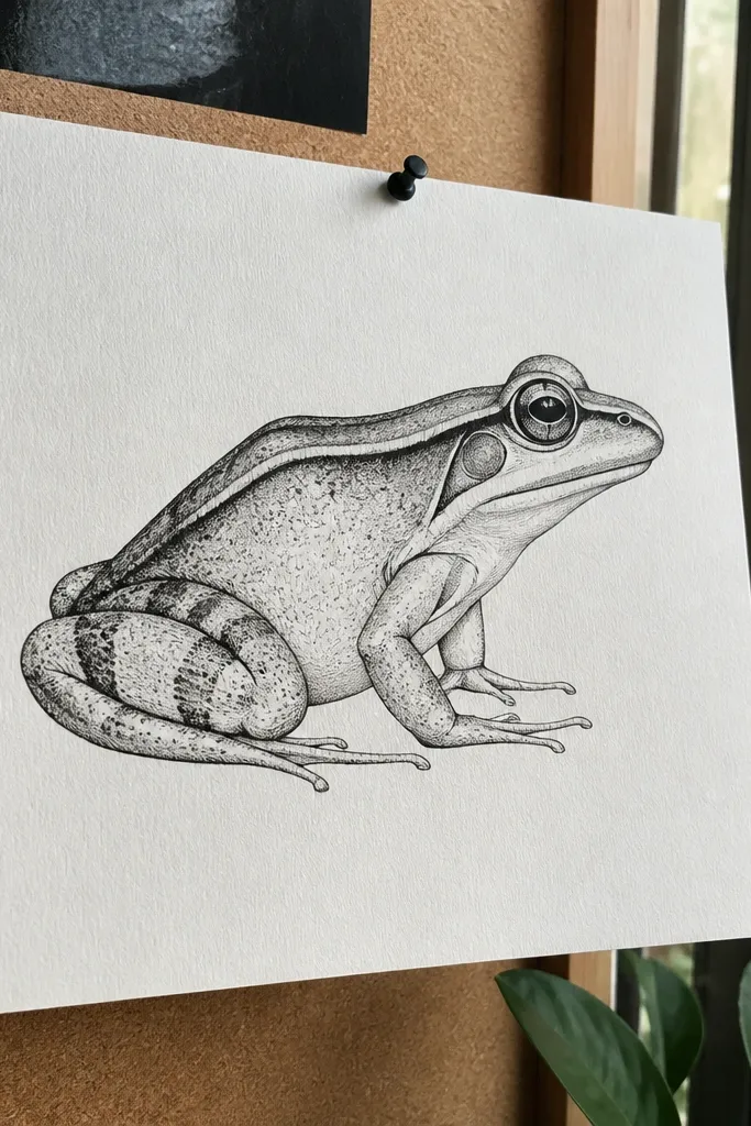 A frog in side view with one visible eye and a curved snout.