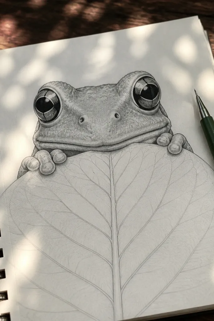 A frog face peeking above a leaf with small eyes and a leafy frame.