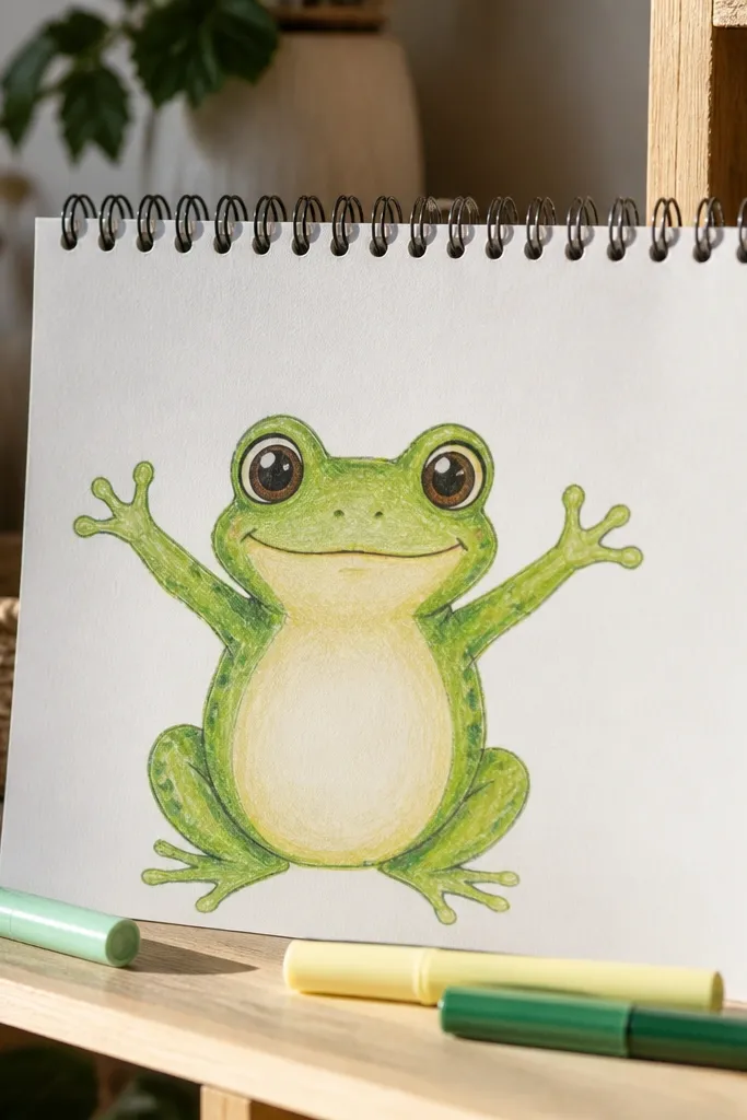A frog with both front arms raised and big smiling eyes.