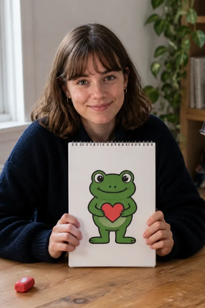 A cute frog holding a small heart shape between its hands.