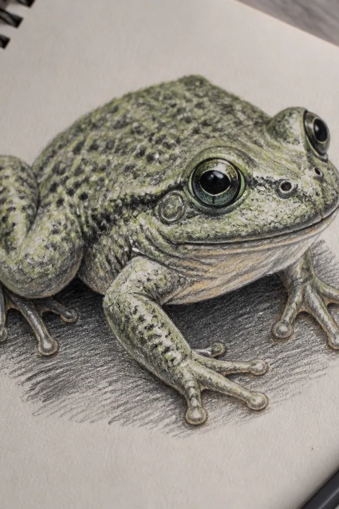A frog-like creature with bumpy skin texture and green-gray coloring.