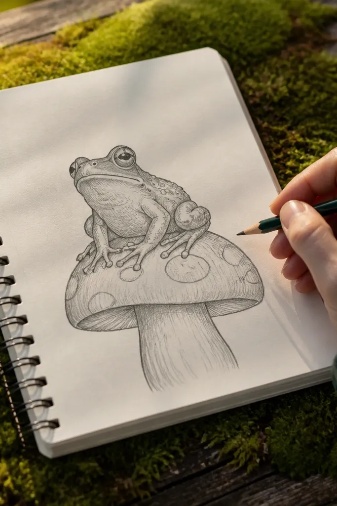 A frog perched on a mushroom cap with simple spots and shading.