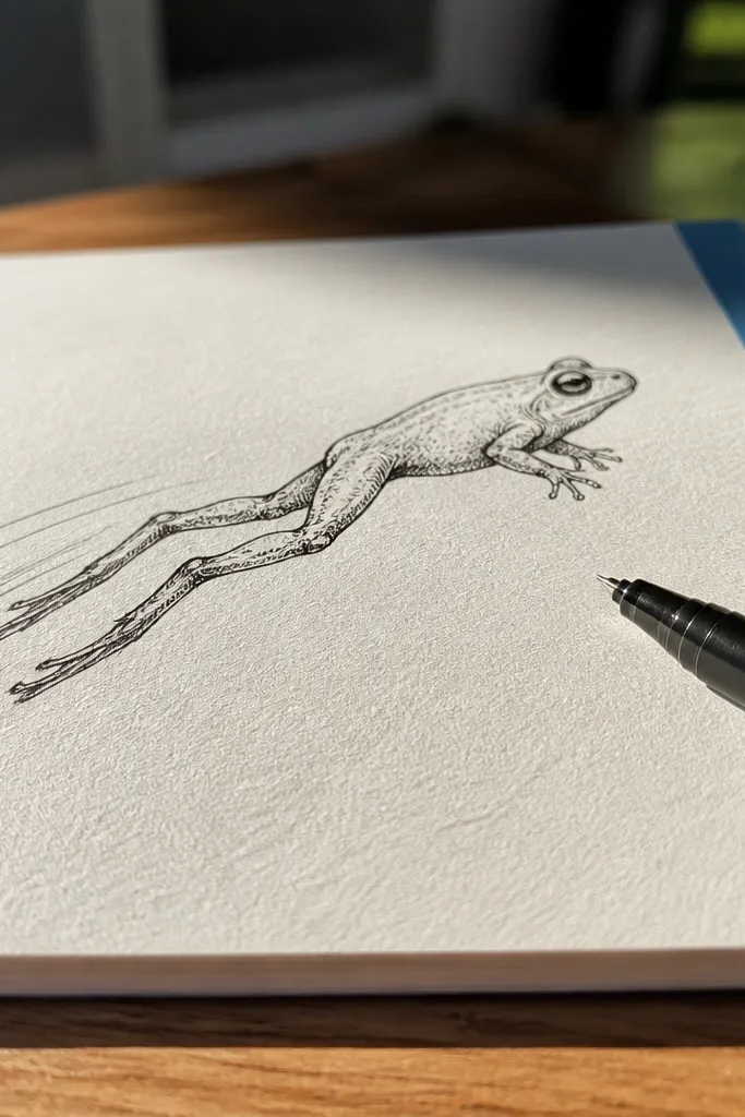 A frog mid-jump with stretched back legs and a lifted front body.
