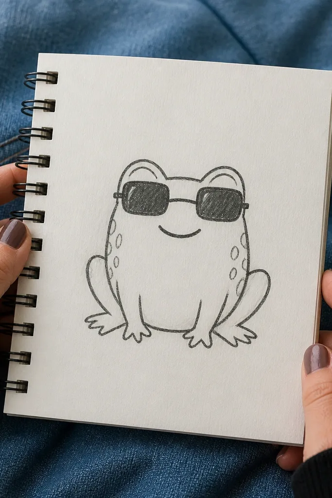 A frog with big eyes wearing small sunglasses and a cheeky smile.