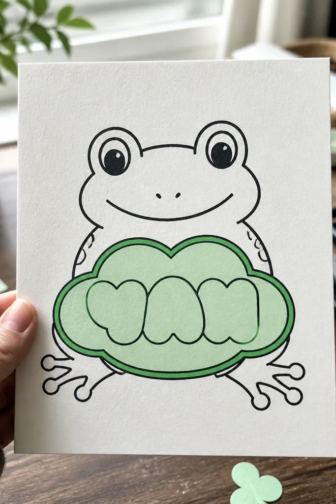 A frog with a speech bubble or tag containing bubble letters.