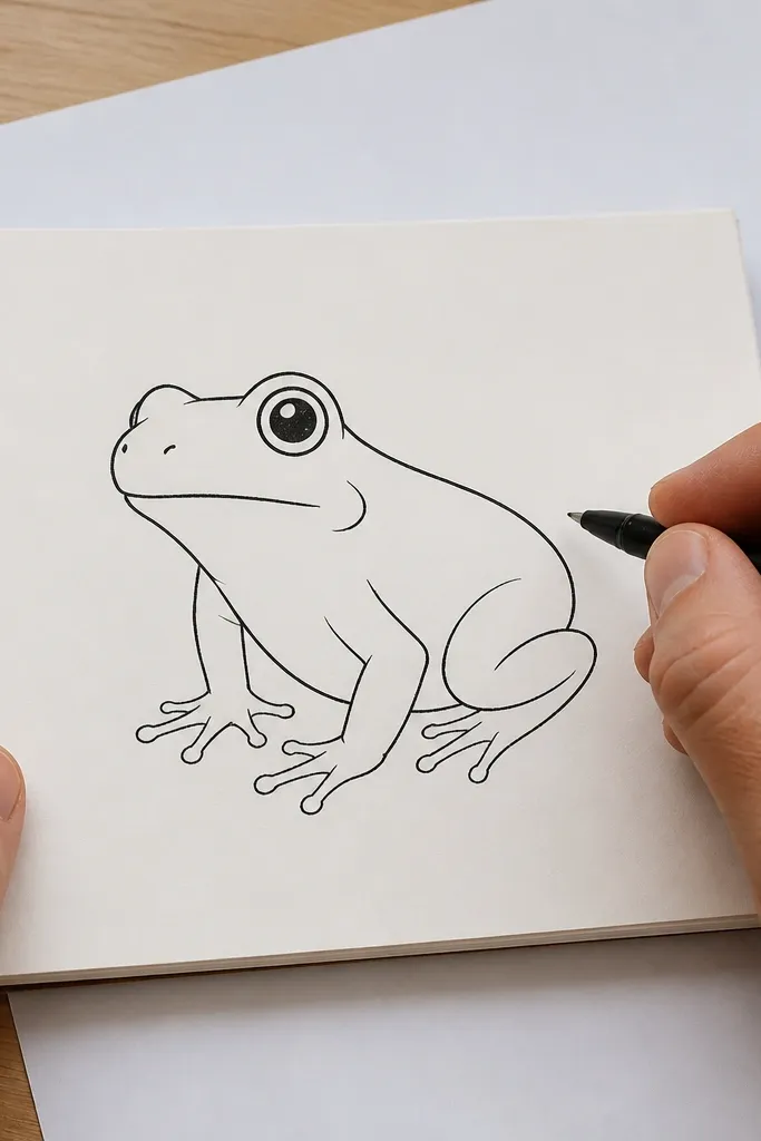 A minimal frog made from a few clean ink lines and two eye circles.