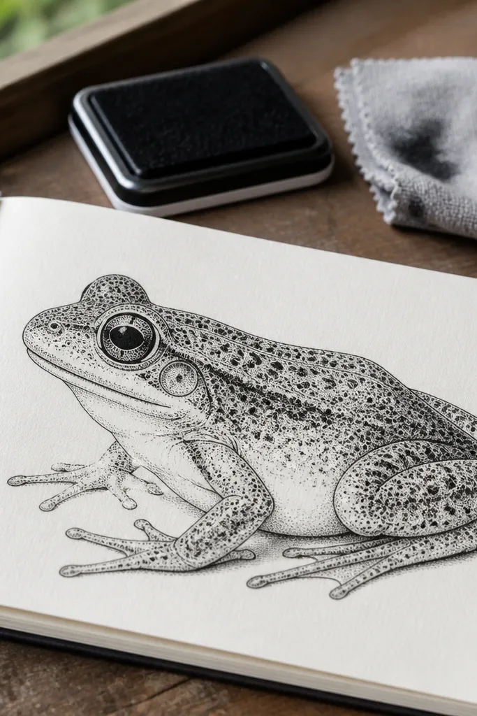 A frog with stippled dots on the back and smooth belly shading.