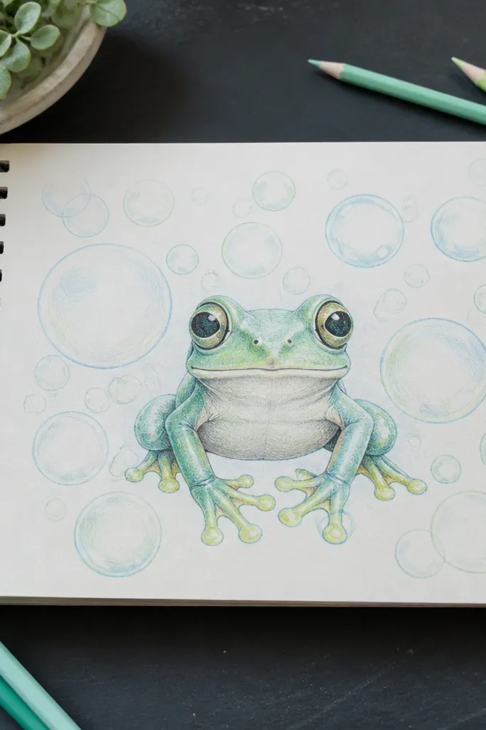A frog in front of a cluster of simple bubbles.