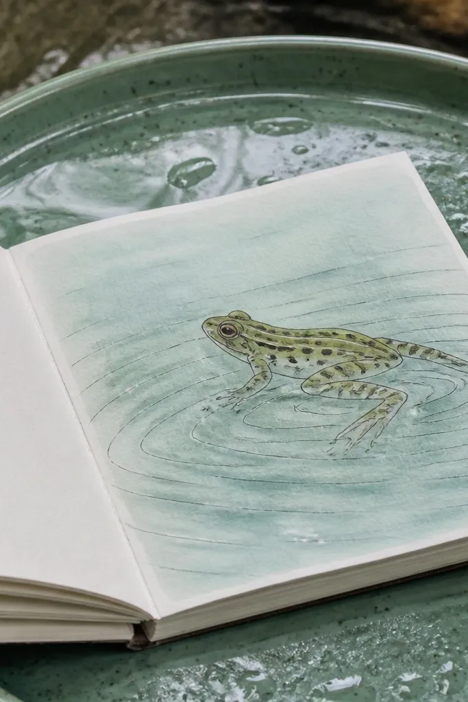 A frog with curved ripple lines around its feet.