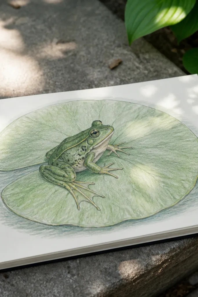 A frog sitting on a lily pad with visible veins and edge cuts.