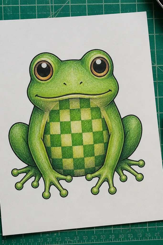 A frog with a checkered pattern on its belly and simple legs.