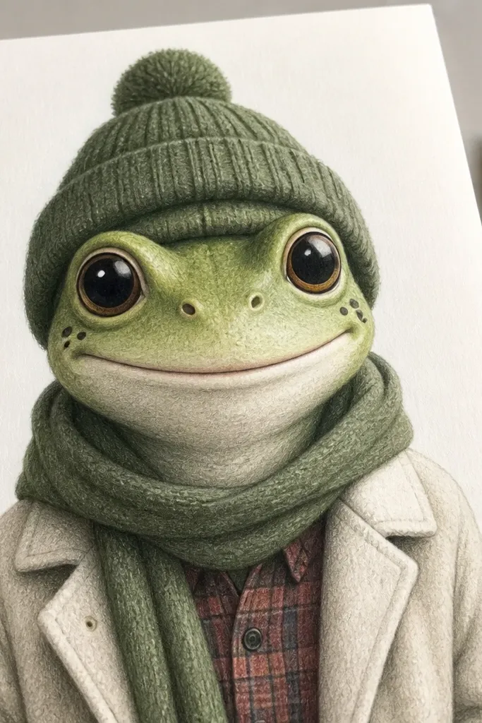 A frog face with patterned cheeks using short lines and dots.