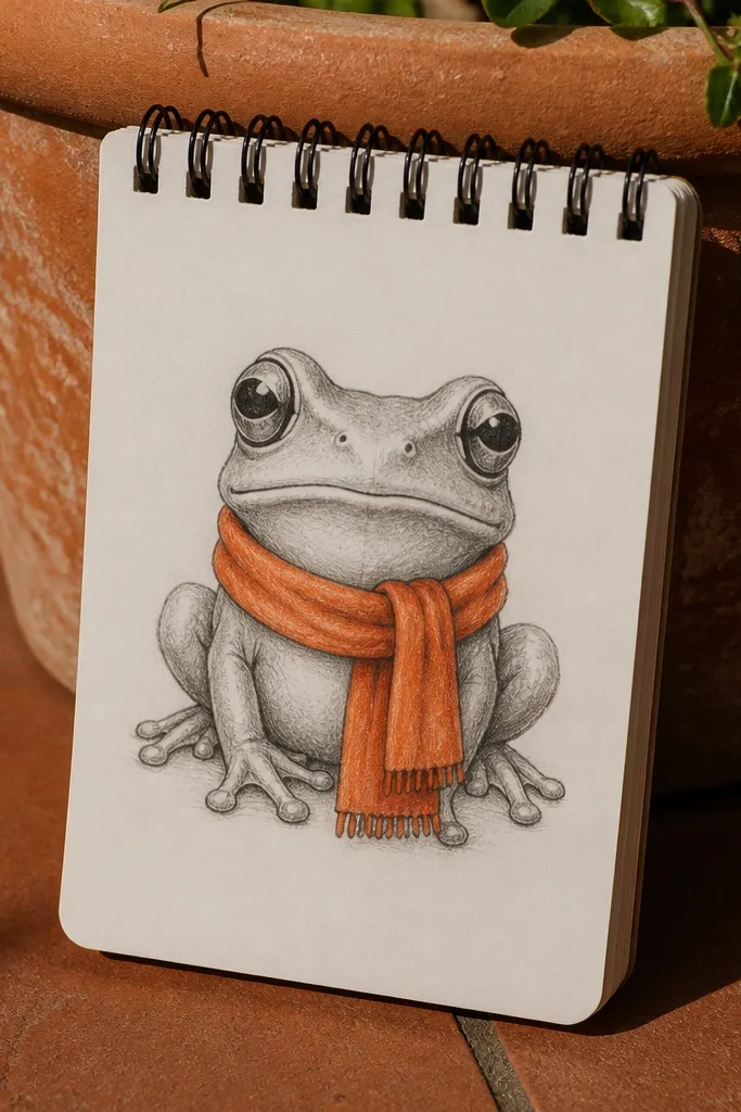 A frog wearing a small scarf around its neck with clean folds.