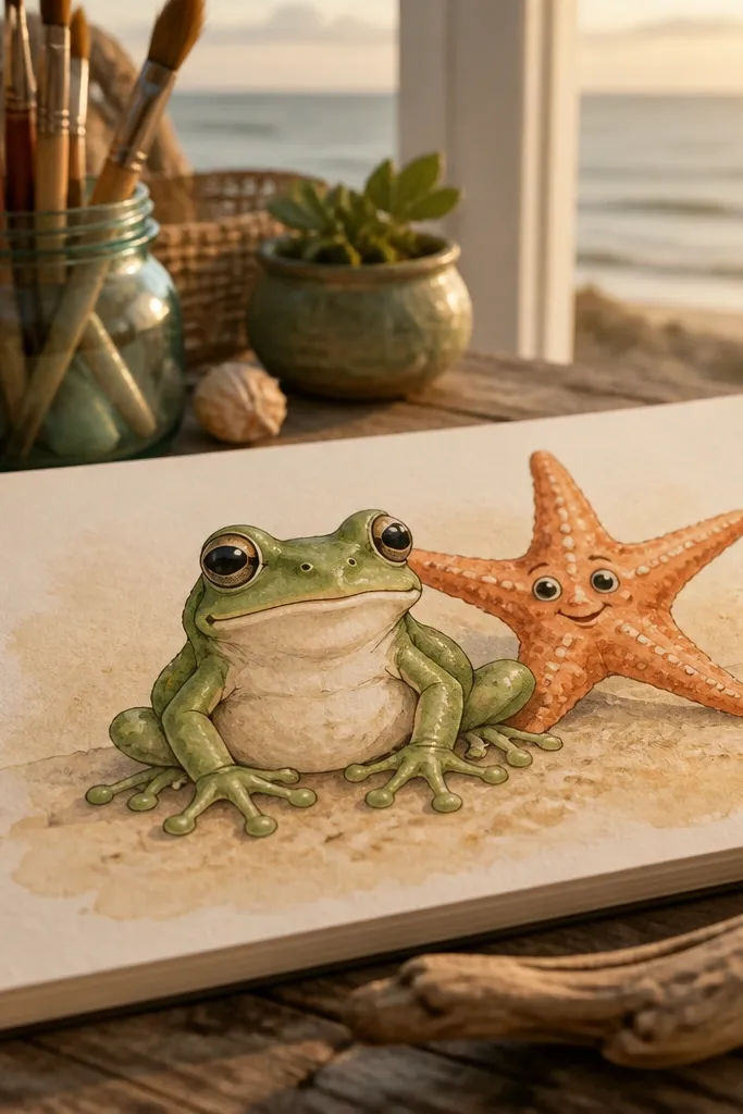 A frog next to a starfish with simple ocean-themed shapes.